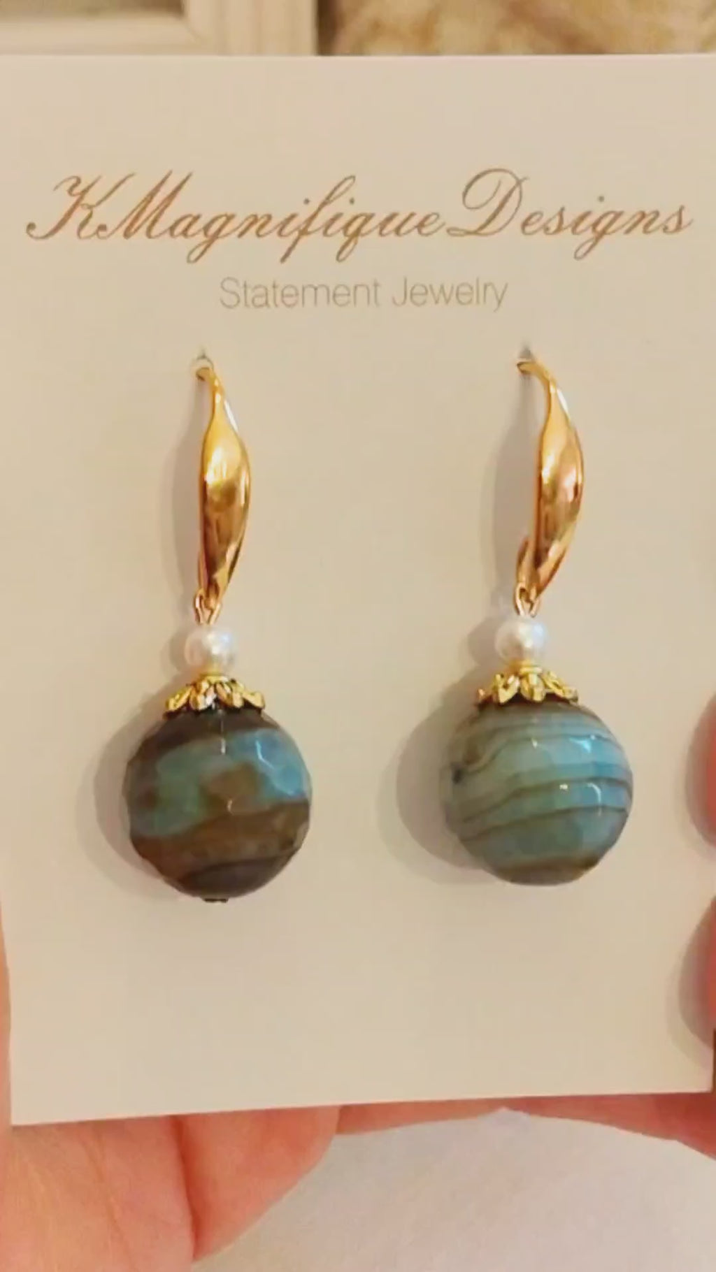 Blue Brown Agate Stone White Pearl Ball Drop Gold Statement Earrings by KMagnifiqueDesigns