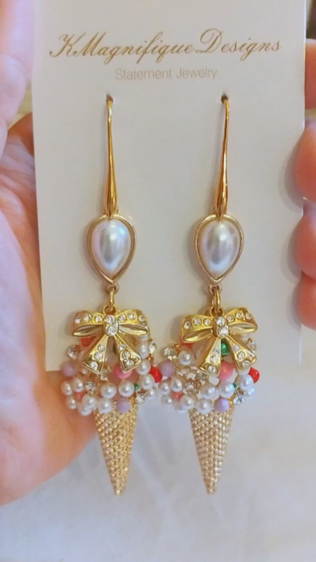 Crystal Ice Cream Cone Gold Pearl Pendant Statement Earrings by KMagnifiqueDesigns 
