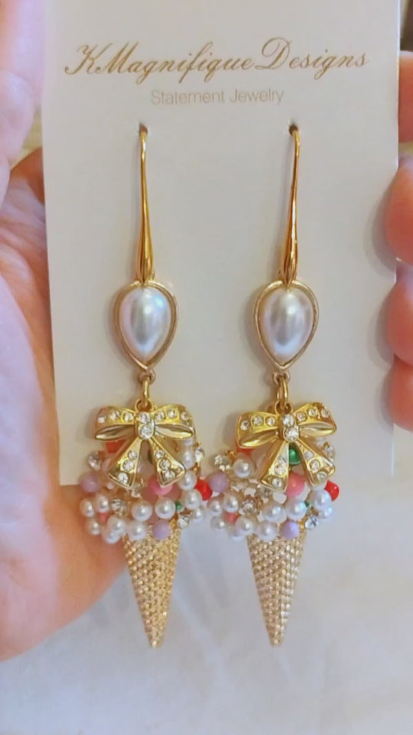 Crystal Ice Cream Cone Gold Pearl Pendant Statement Earrings by KMagnifiqueDesigns 