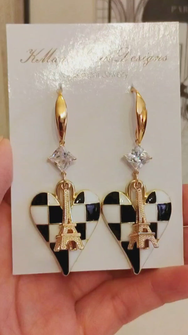 Black & White Checkered Heart Gold Crystal Zircon Eiffel Tower Statement Earrings by KMagnifiqueDesigns