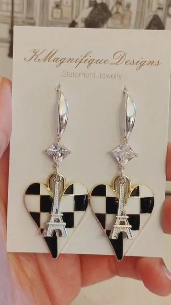Black & White Checkered Heart Silver & Gold Crystal Zircon Eiffel Tower Statement Earrings by KMagnifiqueDesigns
