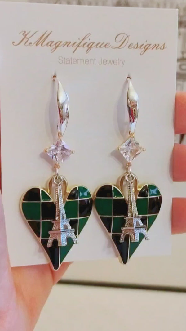 Green & Black Checkered Heart Silver & Gold Crystal Zircon Eiffel Tower Statement Earrings