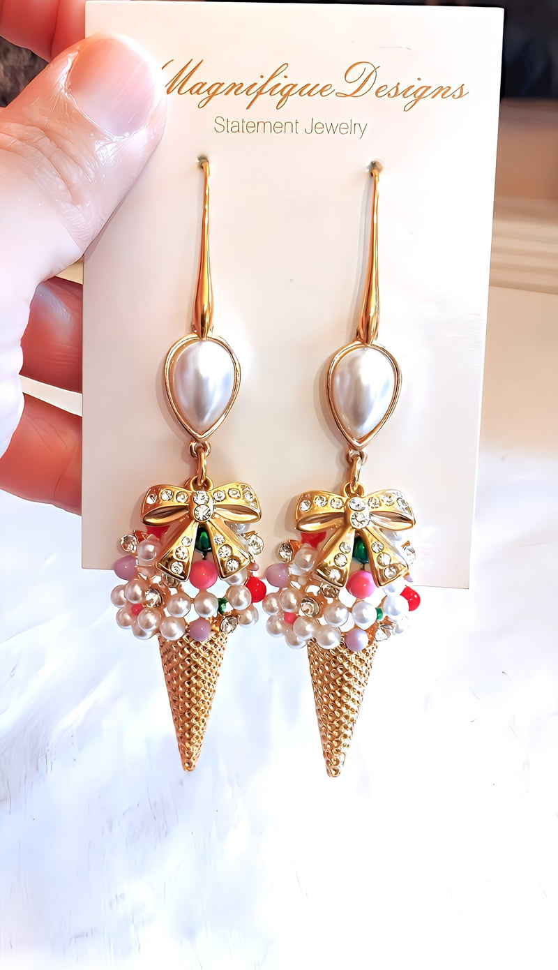 Crystal Ice Cream Cone Gold Pearl Pendant Statement Earrings by KMagnifiqueDesigns 