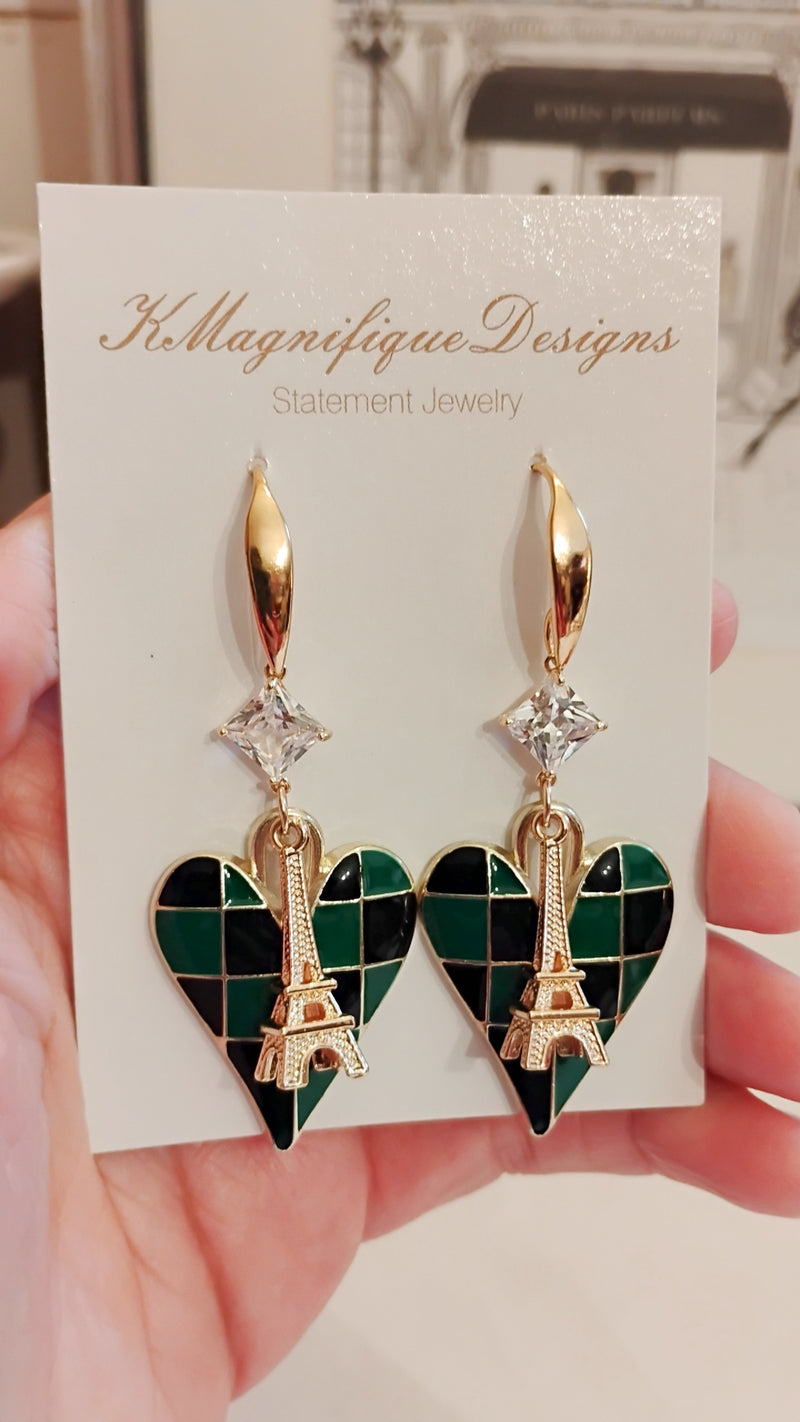 Green & Black Checkered Heart Gold Crystal Zircon Eiffel Tower Statement Earrings by KMagnifiqueDesigns