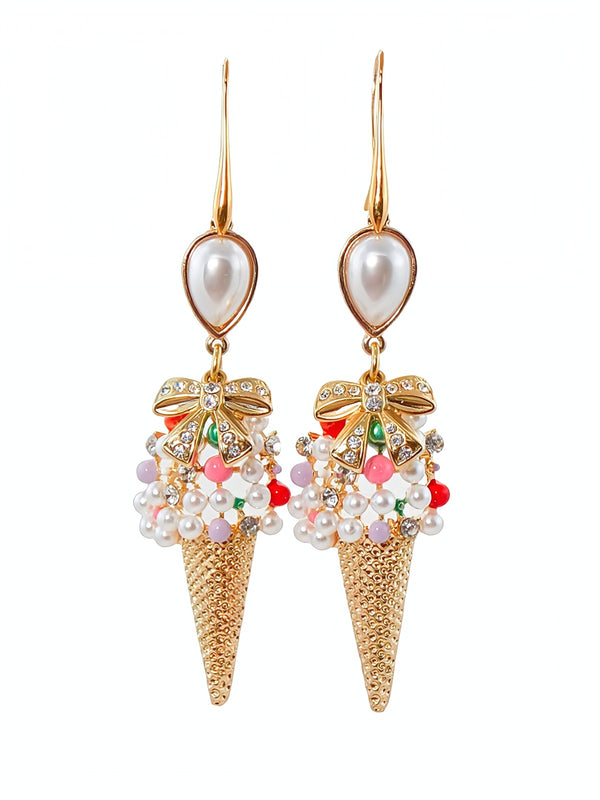 Crystal Ice Cream Cone Gold Pearl Pendant Statement Earrings by KMagnifiqueDesigns