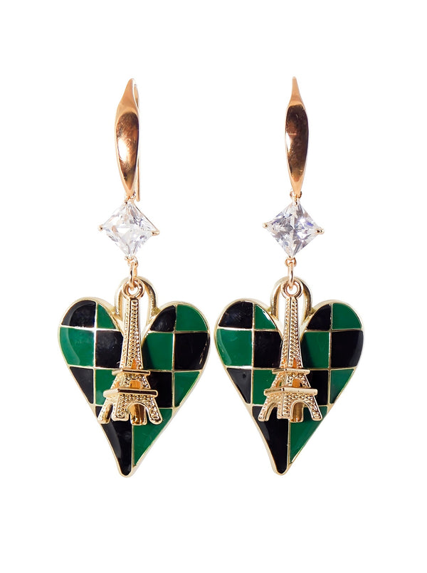 Green & Black Checkered Heart Gold Crystal Zircon Eiffel Tower Statement Earrings by KMagnifiqueDesigns