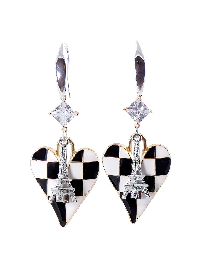 Black & White Checkered Heart Silver & Gold Crystal Zircon Eiffel Tower Statement Earrings by KMagnifiqueDesigns