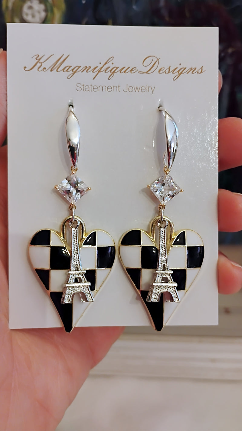 Black & White Checkered Heart Silver & Gold Crystal Zircon Eiffel Tower Statement Earrings
