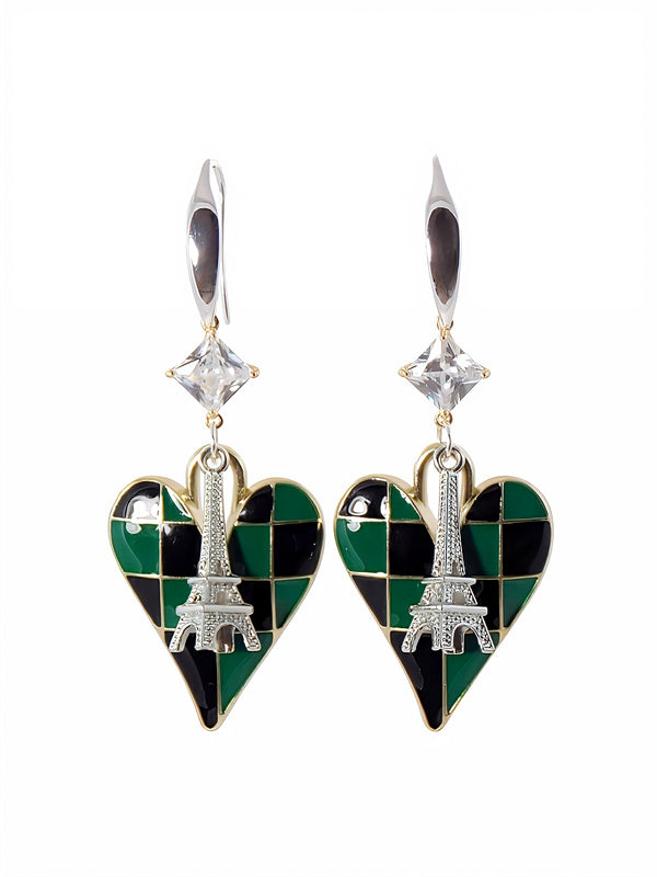 Green & Black Checkered Heart Silver & Gold Crystal Zircon Eiffel Tower Statement Earrings by KMagnifiqueDesigns