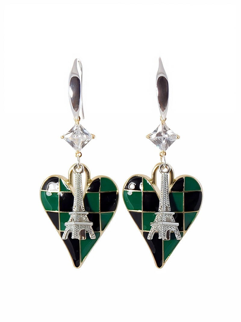 Green & Black Checkered Heart Silver & Gold Crystal Zircon Eiffel Tower Statement Earrings by KMagnifiqueDesigns