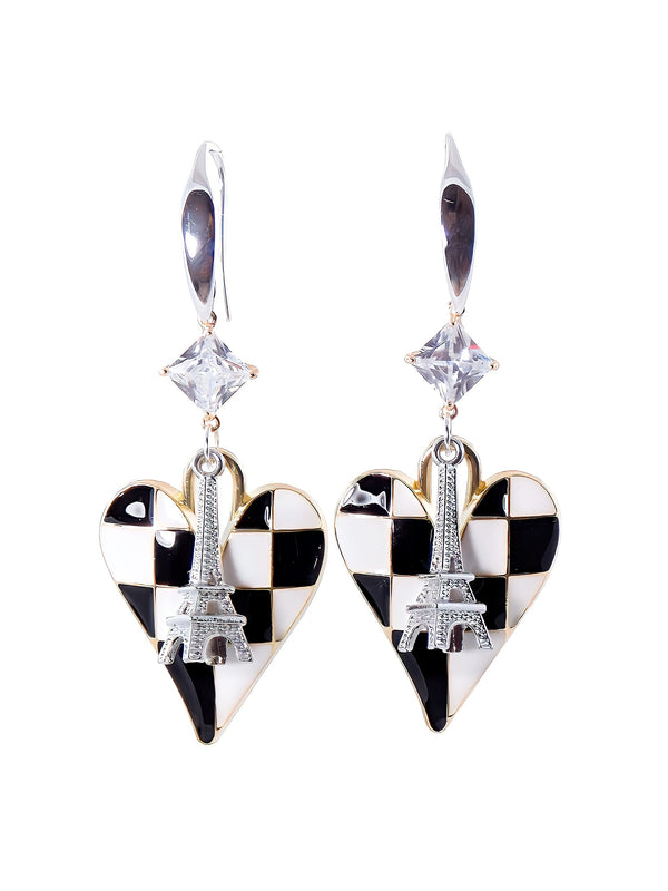 Black & White Checkered Heart Silver & Gold Crystal Zircon Eiffel Tower Statement Earrings