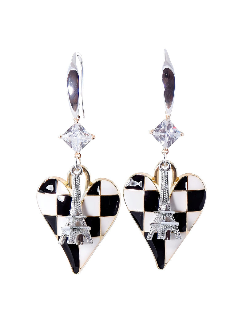 Black & White Checkered Heart Silver & Gold Crystal Zircon Eiffel Tower Statement Earrings