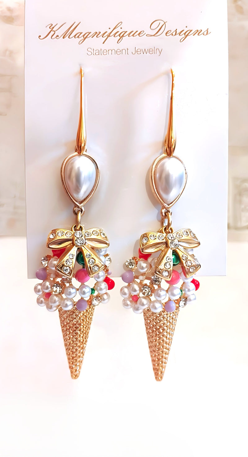Crystal Ice Cream Cone Gold Pearl Pendant Statement Earrings by KMagnifiqueDesigns 