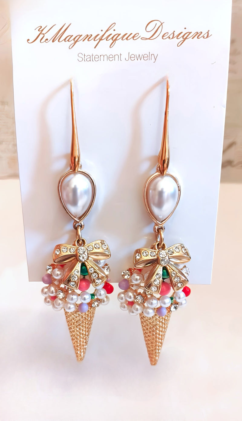Crystal Ice Cream Cone Gold Pearl Pendant Statement Earrings by KMagnifiqueDesigns 