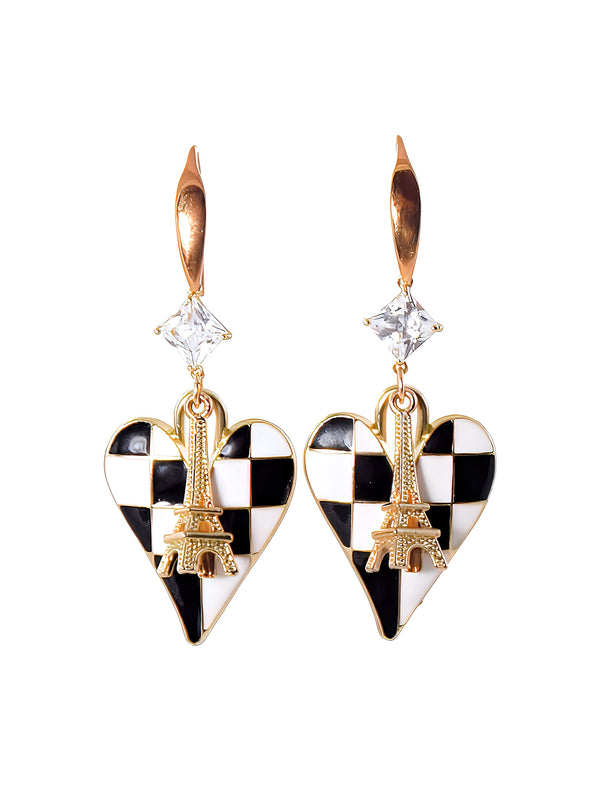 Black & White Checkered Heart Gold Crystal Zircon Eiffel Tower Statement Earrings by KMagnifiqueDesigns