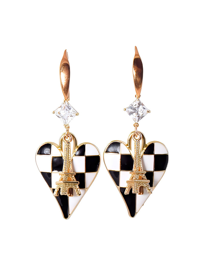 Black & White Checkered Heart Gold Crystal Zircon Eiffel Tower Statement Earrings by KMagnifiqueDesigns