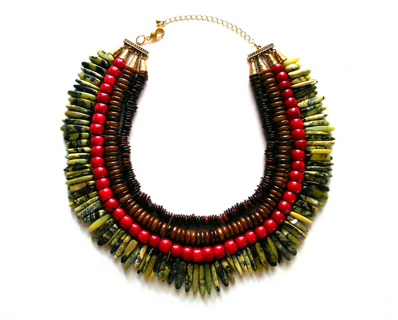 Green Jasper Red Coral African Statement Necklace - KMagnifiqueDesigns