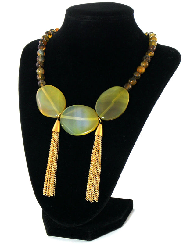Green Agate Stone Gold Tassel Bib Statement Necklace
