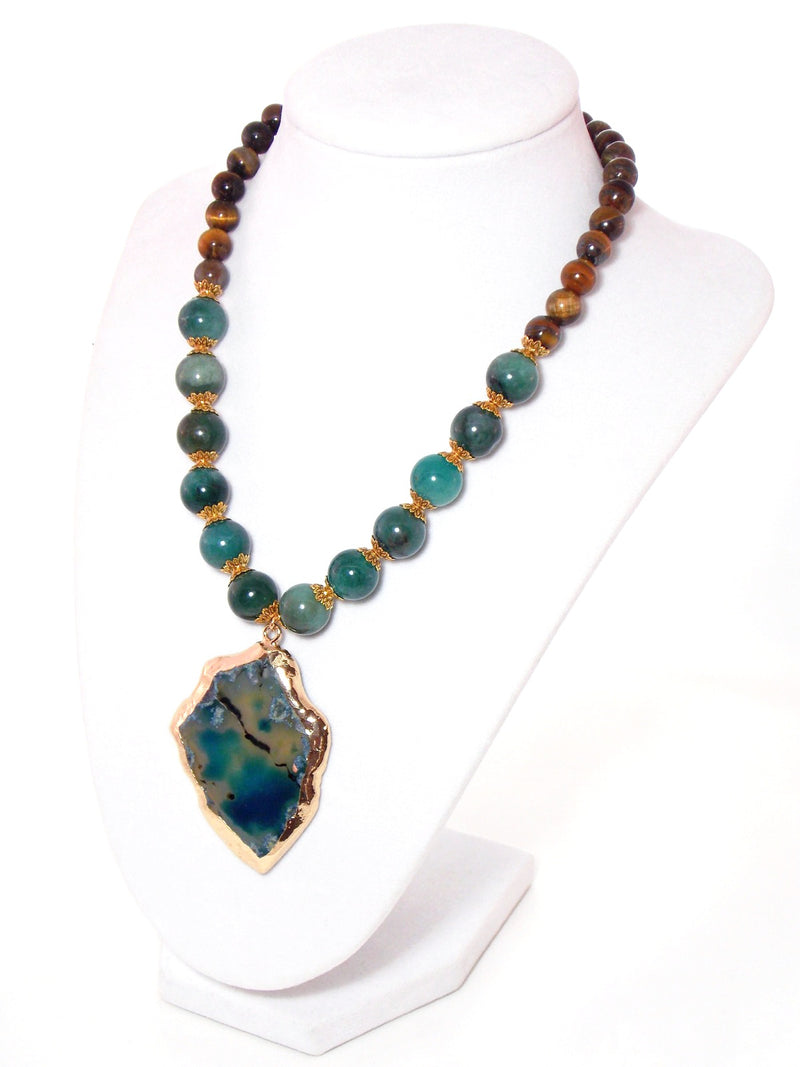 Semi Precious Agate Pendant, Green Aventurine & Tiger's Eye Stone, Gold Plated Statement Necklace