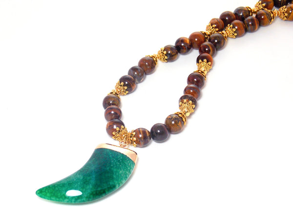 Green Agate Horn Brown Tiger's Eye Stone Gold Plated Pendant Statement Necklace