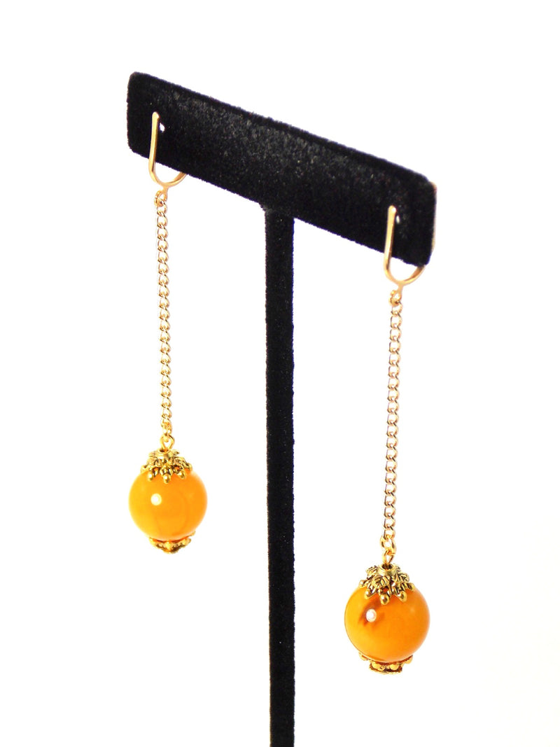 Yellow Ball Drop Long Dangle Gold Chain Statement Earrings Clip On Optional
