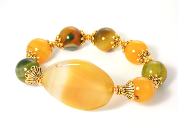 Yellow Agate Stone Gold Plated Beaded Statement Bracelet