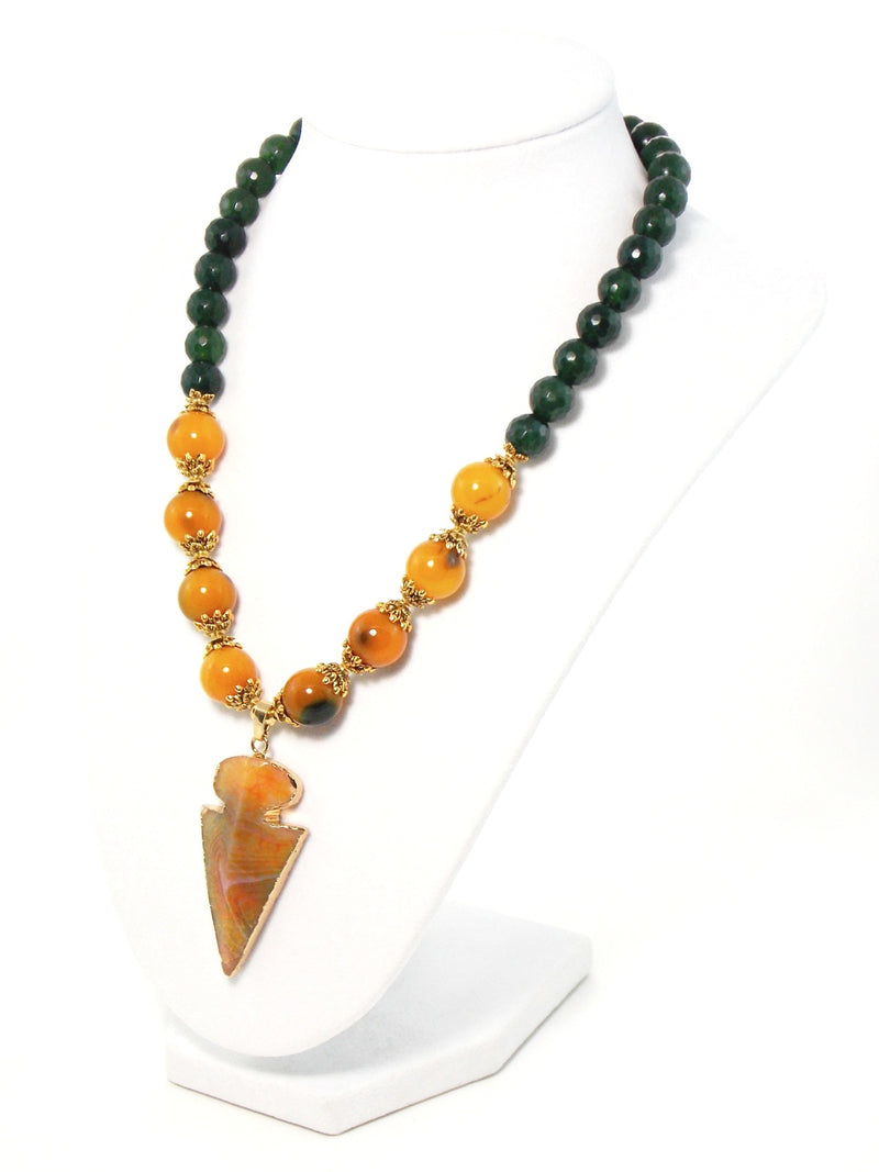 Yellow Agate Arrow Pendant Green Jade Stone Gold Plated Beaded Statement Necklace
