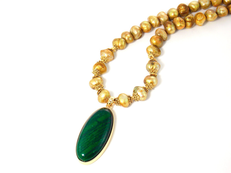 Freshwater Gold Pearl Green Malachite Pendant Statement Necklace