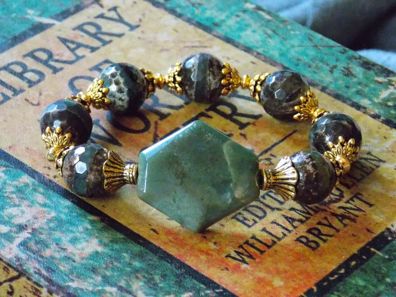 Green Natural Stone & Brown Agate Antique Gold Beaded Statement Bracelet