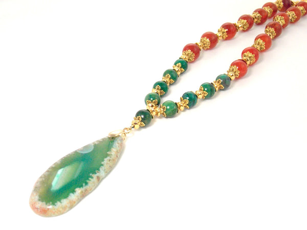 Green & Orange Agate Stone Gold Plated Drop Pendant Statement Necklace