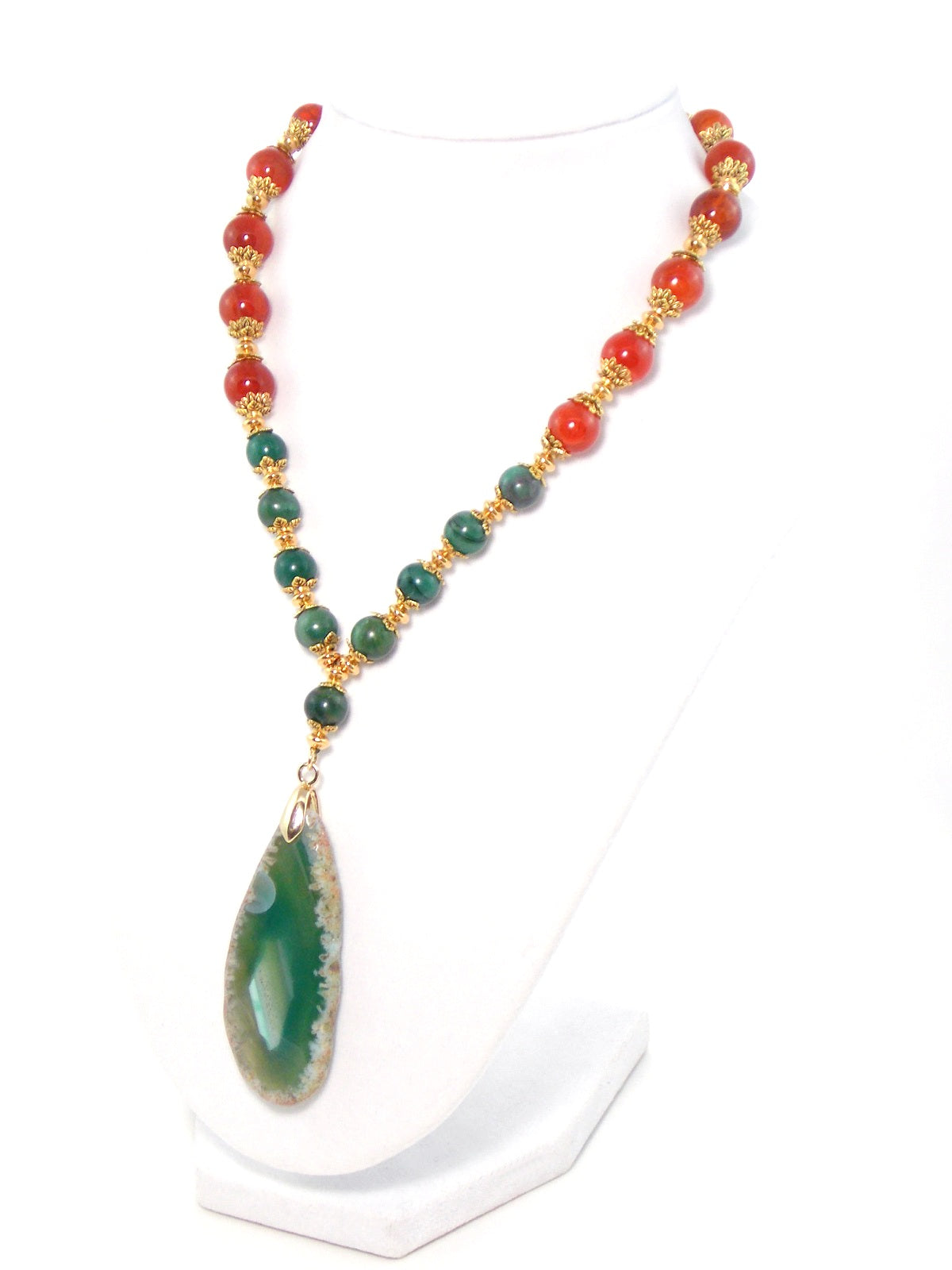 Green & Orange Agate Drop Pendant Gold Necklace | KMagnifiqueDesigns