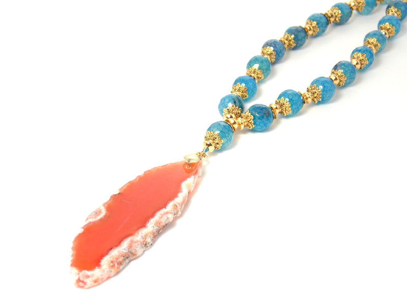 Orange & Blue Agate Gold Plated Pendant Necklace - KMagnifiqueDesigns