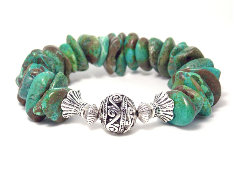 Genuine Green Turquoise Stone Antique Silver Chunky Stretch Statement Bracelet
