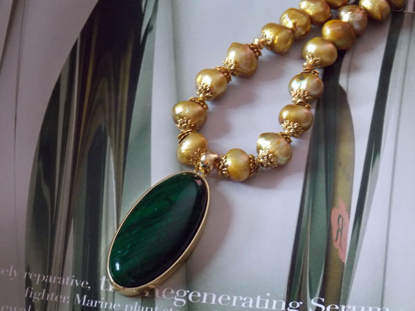 Freshwater Gold Pearl Green Malachite Pendant Statement Necklace