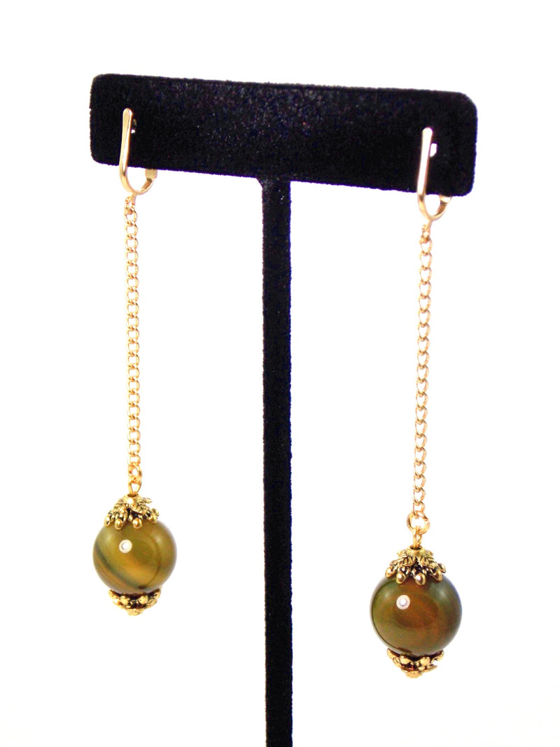 Olive Green Ball Drop Long Dangle Agate Stone Gold Earrings Clip On Optional