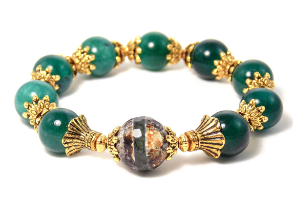 Green Aventurine & Brown Stone Agate Antique Gold Vintage Style Gemstone Bracelet