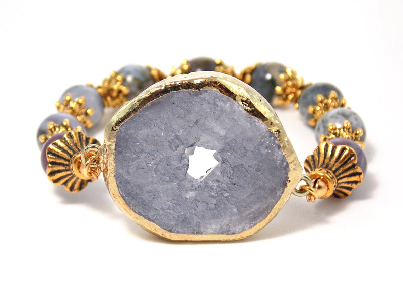 Gray Druzy Geode Quartz Jasper Stone Gold Plated Beaded Statement Bracelet