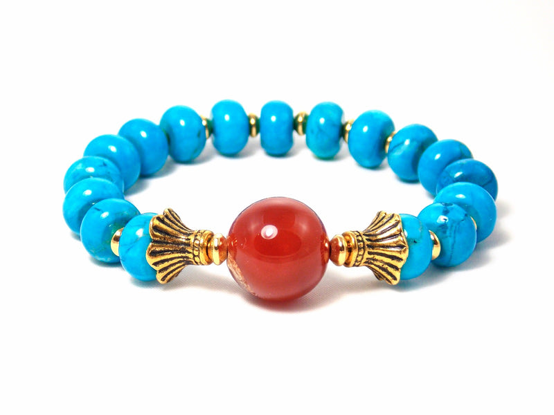 Semi Precious Turquoise Blue Orange Beaded Stone Gold Plated Stretch Bracelet
