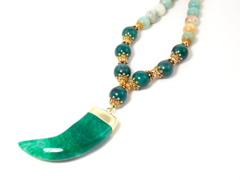 Green Agate Horn Pendant Aventurine & Glass Amazonite Stone Gold Crystal Statement Necklace