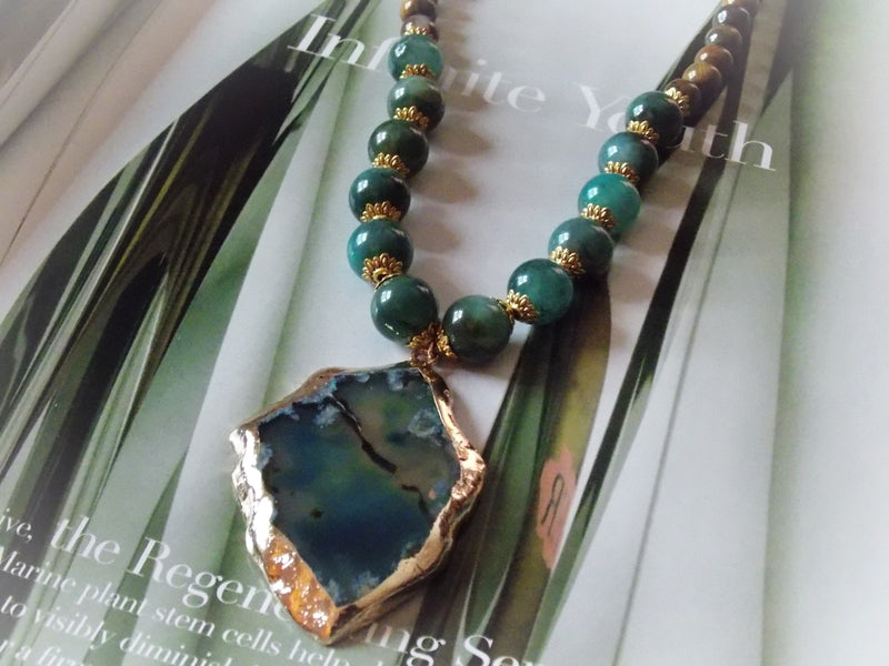 Semi Precious Agate Pendant, Green Aventurine & Tiger's Eye Stone, Gold Plated Statement Necklace