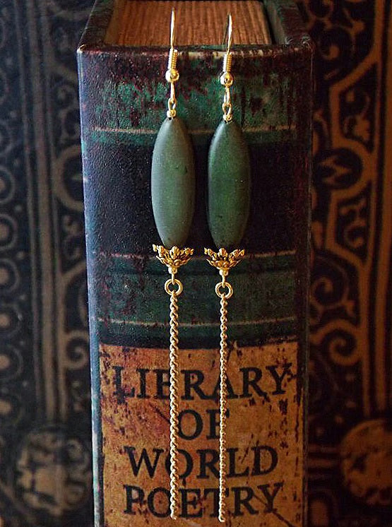 Long Green Dangle Gold Chain Statement Earrings Clip On Optional