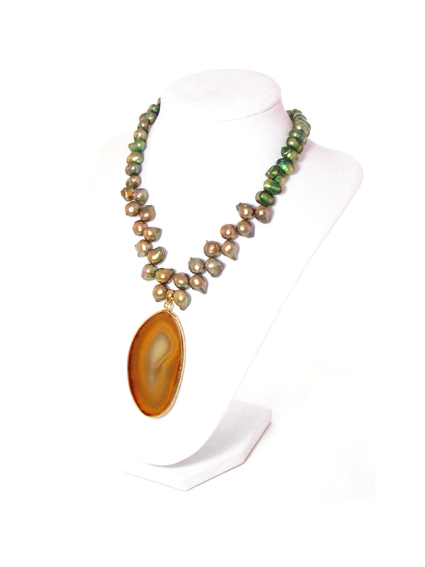 Green & Brown Freshwater Pearl Agate Pendant Bib Statement Necklace