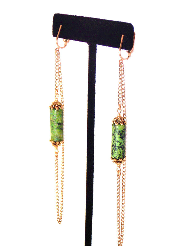 Green Stone Long Gold Dangle Chain Statement Earrings Clip On Optional