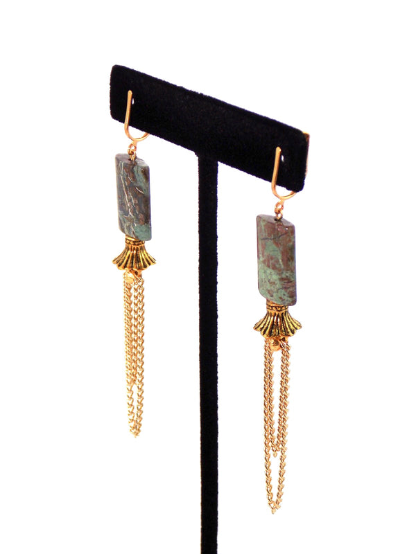 Green Stone Elegant Earthy Gold Dangle Statement Earrings by KMagnifiqueDesigns