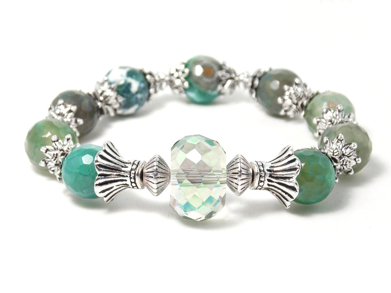 Green Agate Antique Silver Glass Faceted Elegant Stone Bracelet