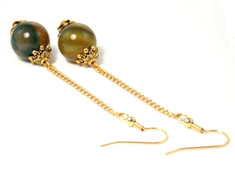 Olive Green Ball Drop Long Dangle Agate Stone Gold Earrings Clip On Optional
