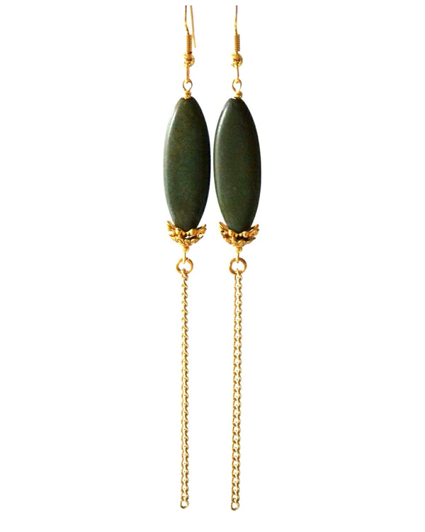 Long Green Dangle Gold Chain Statement Earrings Clip On Optional