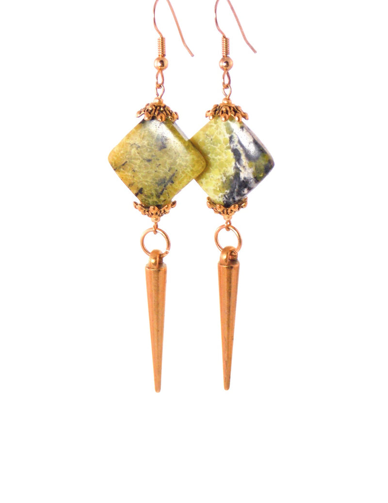 Green Yellow Natural Stone Gold Spike Dangle Statement Earrings Clip On Optional