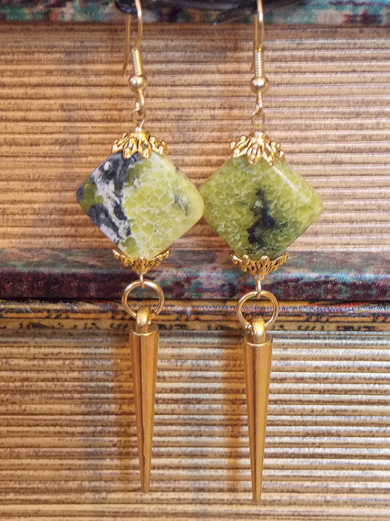 Green Yellow Natural Stone Gold Spike Dangle Statement Earrings Clip On Optional