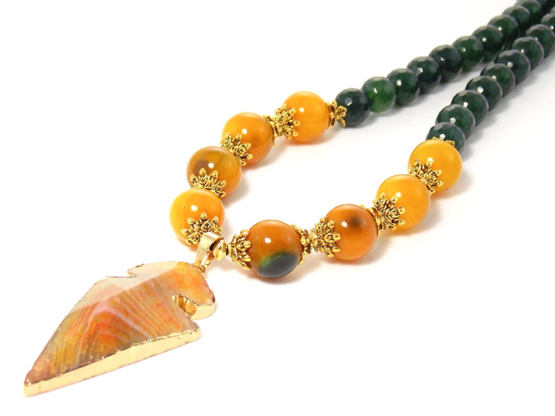 Yellow Agate Arrow Pendant Green Jade Stone Gold Plated Beaded Statement Necklace